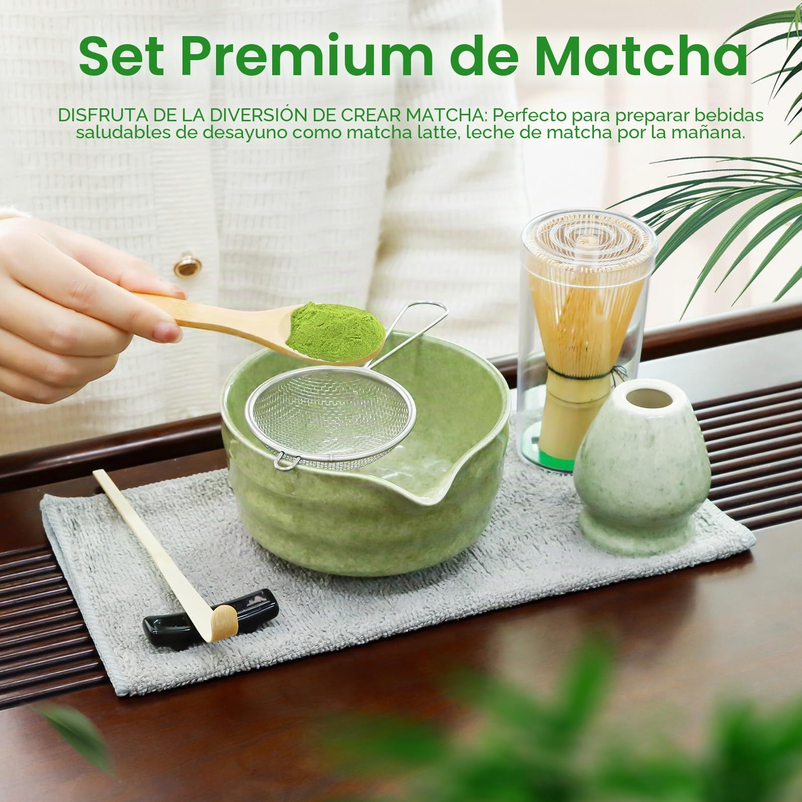 Kit de Ceremonia Japonesa del Matcha de 7 piezas, Batidora de Matcha de Bambú, Cuenco de Matcha, Cuchara, Colador, Portacucharas, Soporte para la Batidora, Juego Completo de Matcha, Verde jaspeado