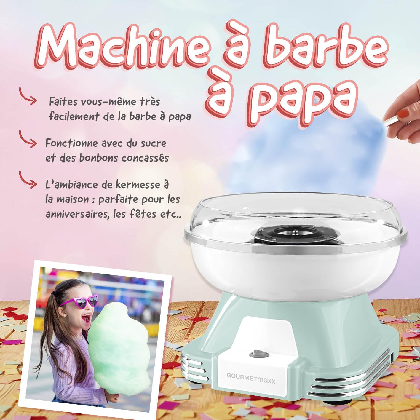 GOURMETmaxx Machine à barbe à papa pour la maison | L'original avec 10 bâtonnets & cuillère doseuse au design rétro nostalgique | Barbe a papa pour les fêtes d'enfants, les anniversaires [Menthe]