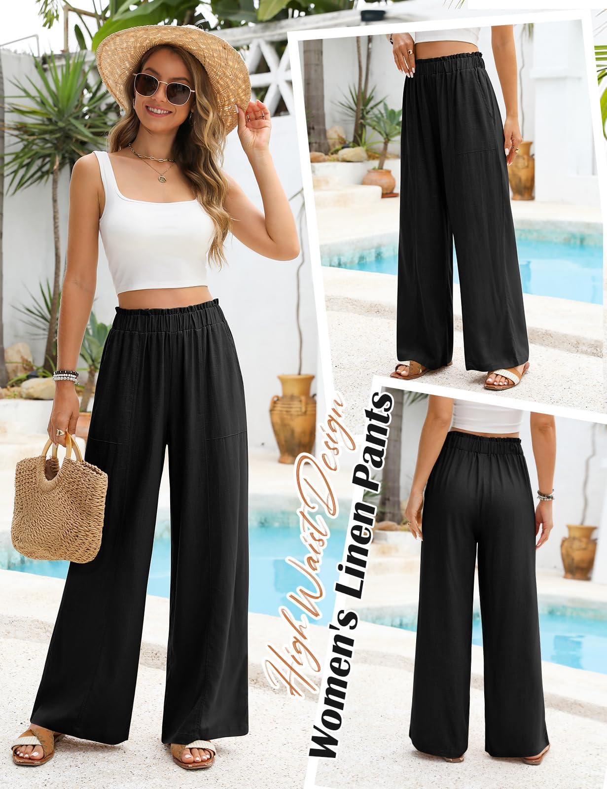 Niwicee Pantalones Lino Mujer Verano Anchos Cintura Alta Elásticos Largos Pierna Ancha Casuales Ligeros con Bolsillos