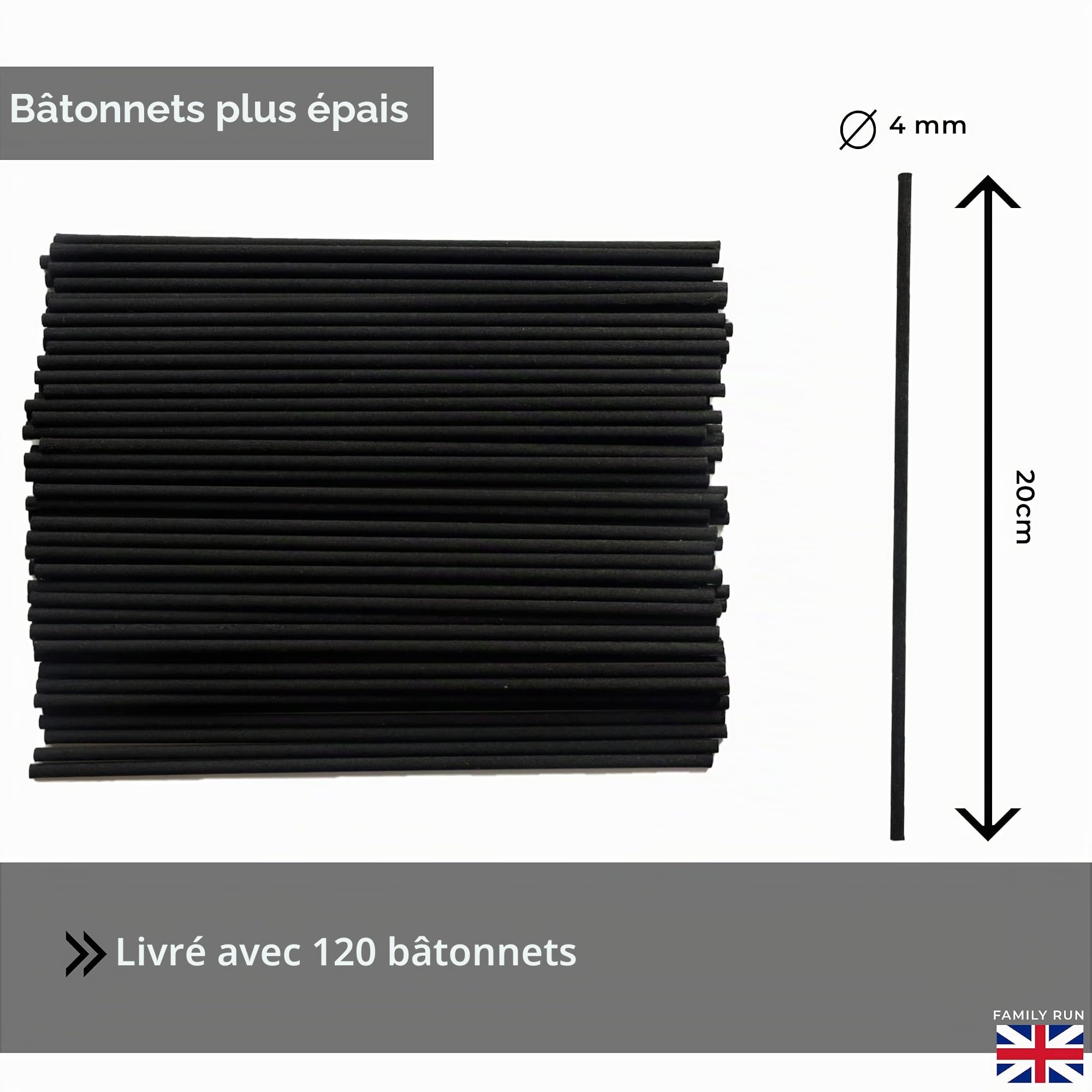 Lot de 120 bâtonnets diffuseurs épais en fibre noire – 20 cm x 4 mm
