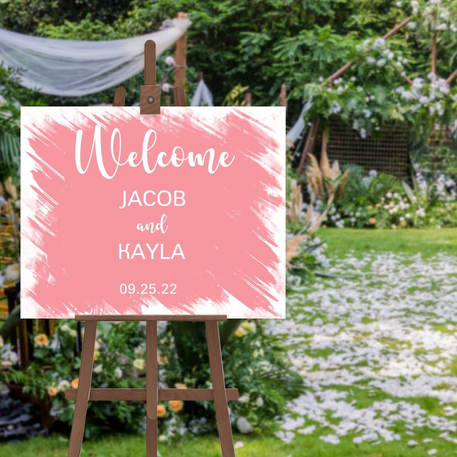 Edytowalny minimalistyczny znak ślubny spersonalizowany 'Welcome To Our Wedding Sign Customized with Your Names and Dates' znak powitalny rustykalny motyw leśny wydarzenia 45 x 61 cm