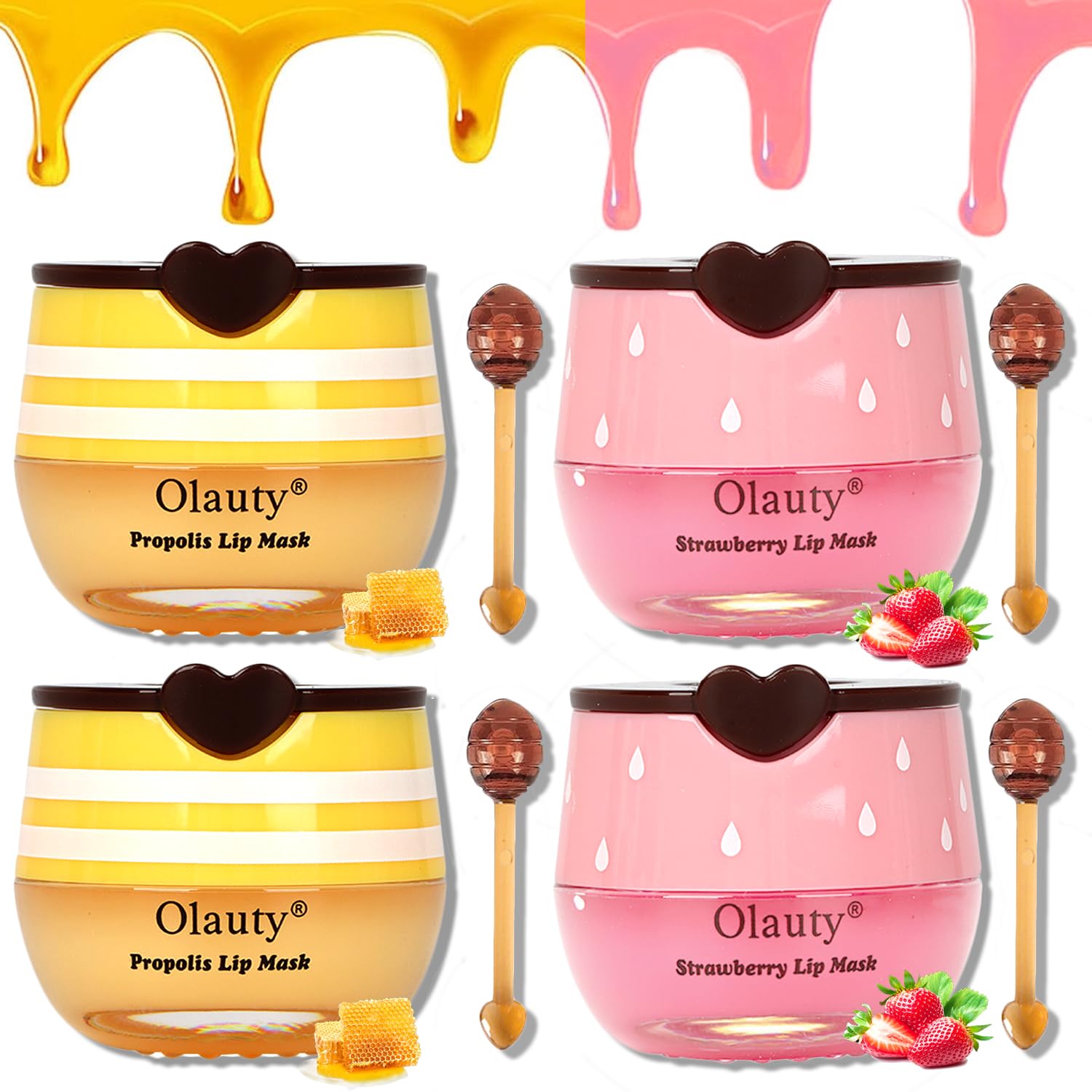 4 PCS Bee Lip Mask Balm Honey Pot, Strawberry & Honey Lip Masks Hydrating Prevention Dry and Cracked Lip Scrubs Exfoliator, Lip Exfoliating Sleeping Lip Mask, Moisturizing Lip Reduces Lip Lines