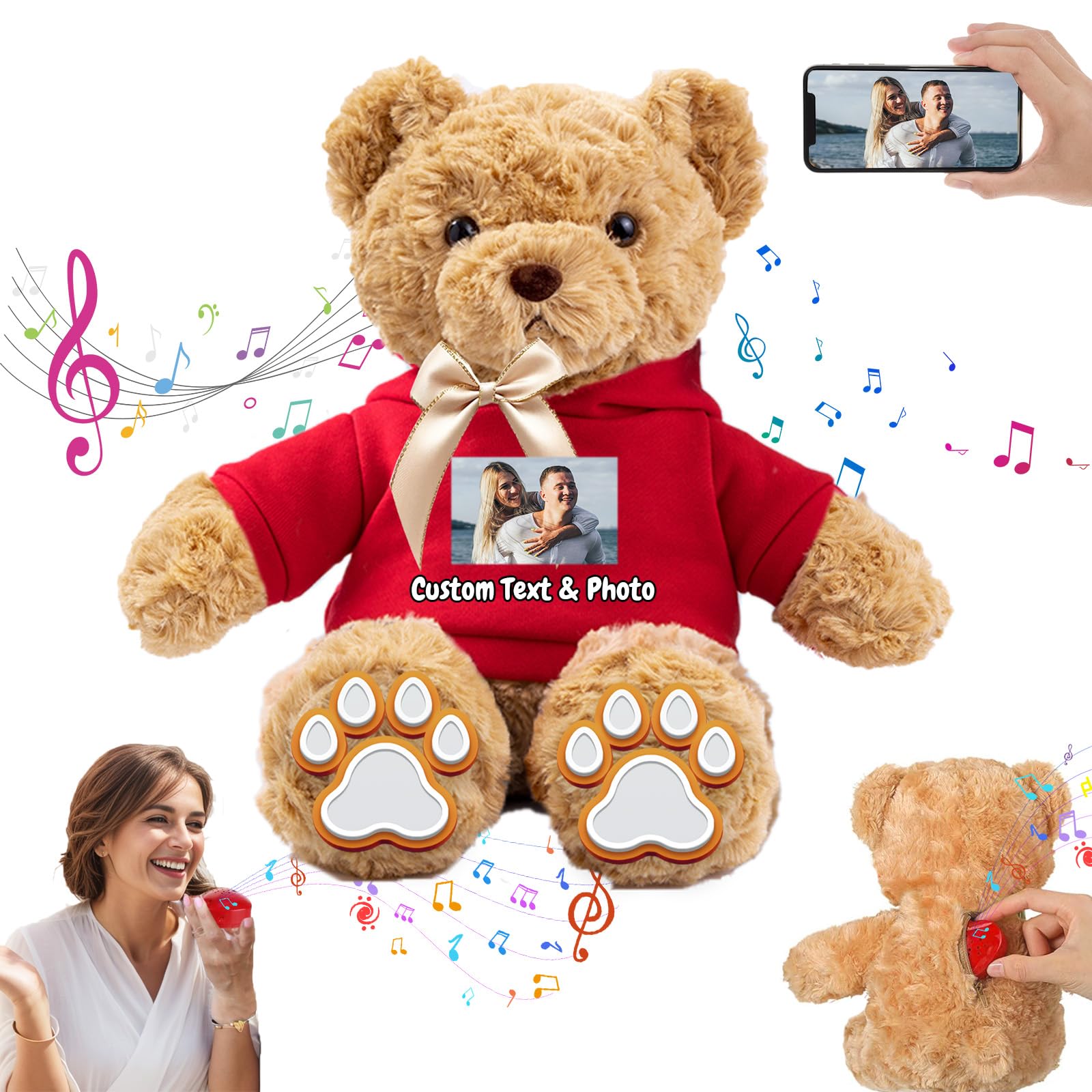 MeterBear Personalised Teddy Bear with Voice Recorder, Customised Gifts Stuffed Teddy Bear with Bow Text as Personalised Gift for Girls Boys on Birthday Christmas Valentines Day (11 inch-Text+Photo)