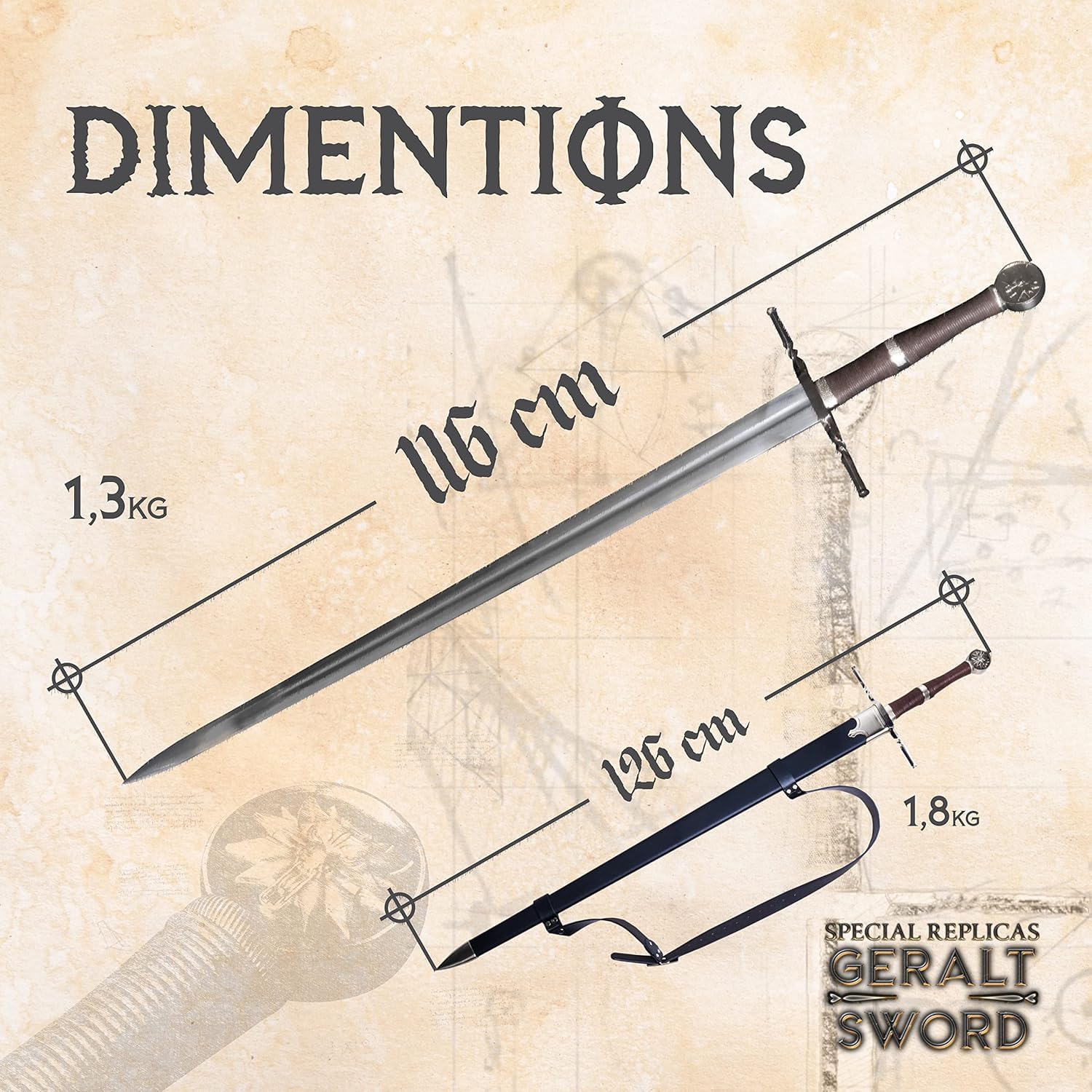 57 SPECIAL REPLICAS Replica di spada decorativa – Pada Geralt 126 cm con fodero – Lama in acciaio inox – Impugnatura in legno e cuoio – The Wither – Spada da collezione o esposizione – ZS637