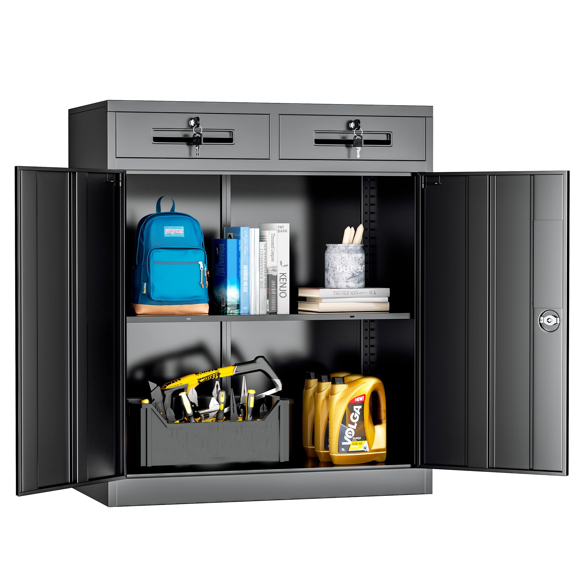 Superday 36" Locking Metal Storage Cabinet with 2 Drawers, Lockable Garage Storage Cabinet with Locking Doors and Adjustable Shelves, Black Tool
