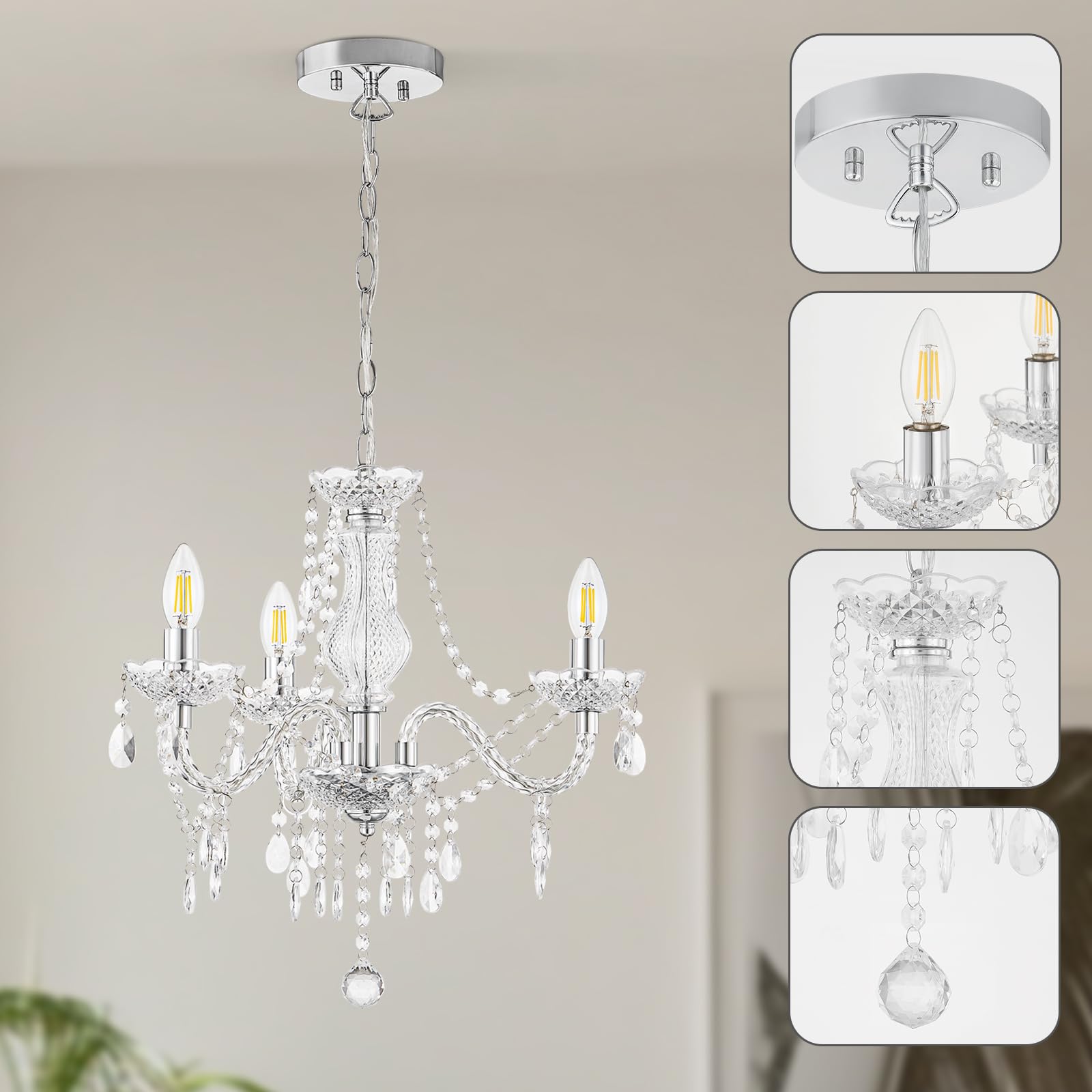 GyroVu Kronleuchter für Wohnzimmer, 3 Flammige Mini Acryl Hängeleuchte mit Verstellbarer Kette, Klare Deckenleuchte für Esszimmer, Wohnzimmer, Schlafzimmer