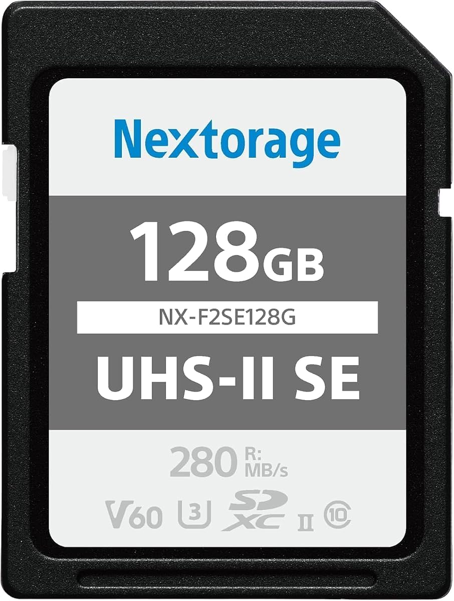 Nextorage Tarjeta SD japonesa UHS-II Tarjeta de memoria de 128 GB Cámara Canon Nikon Sony | Velocidad máxima de lectura 280 MB/s, velocidad máxima de escritura 100 MB/s, disparo continuo de alta velocidad, Fujifilm, Panasonic, V60, 4K, NX-F2SE128G