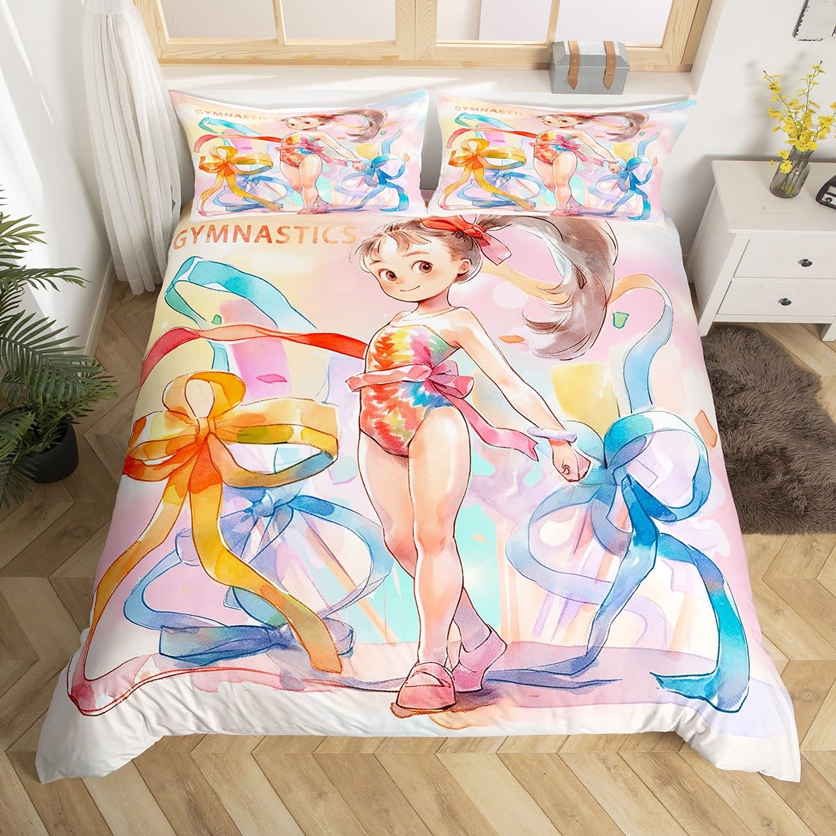 Women Gymnastics Duvet Cover Set Single Size,2 Pieces Breathable Gymnastics Lovers Bedding Sets(1 Duvet Cover+1 Pillowcase),Children Colorful Tie-dye Printed Comforter Cover Set for Girls Kids
