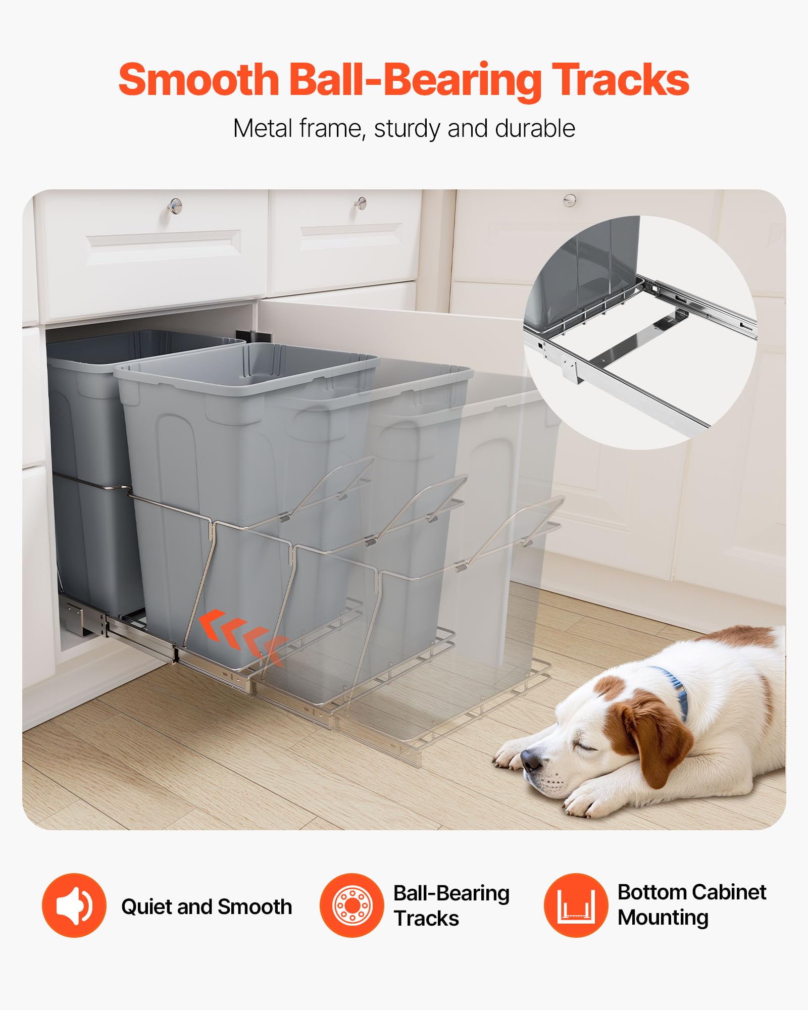 VEVOR ausziehbarer Mülleimer (35 Qt + 35 Qt) für Küchenschränke, doppelter Mülleimer unter der Spüle, Müllbehälter für unter die Spüle, mit robustem Vollauszug-Schiebesystem aus Metall & Griff