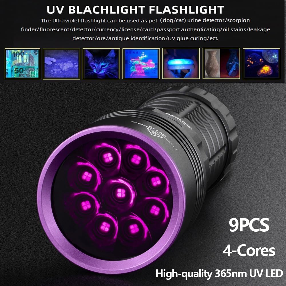 Alonefire SV119 365nm UV Taschenlampe 90W USB Aufladbar Digitale Anzeige Stark Schwarzlicht Haustierurin Detektor für Harz, Angeln, Skorpion, Bernstein, Mineralien mit UV Schutzbrille, Batterie