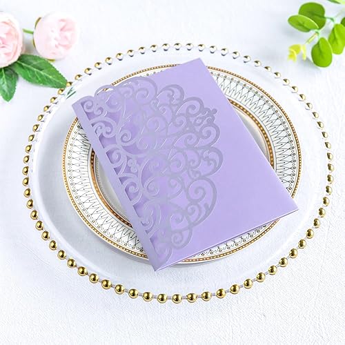 Vista 77 de ponatia 5.12 x 7.2 Invitaciones de boda de corte láser con purpurina negra, bolsillos de invitación triples cortados con láser con sobres