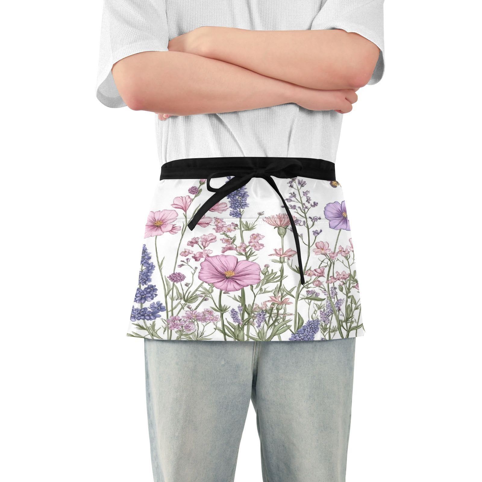 Kigai Flowers Butterfly Server Aprons for Men Women Water & Oil Resistant Waitress Waiter Waist Apron with 3 Pockets