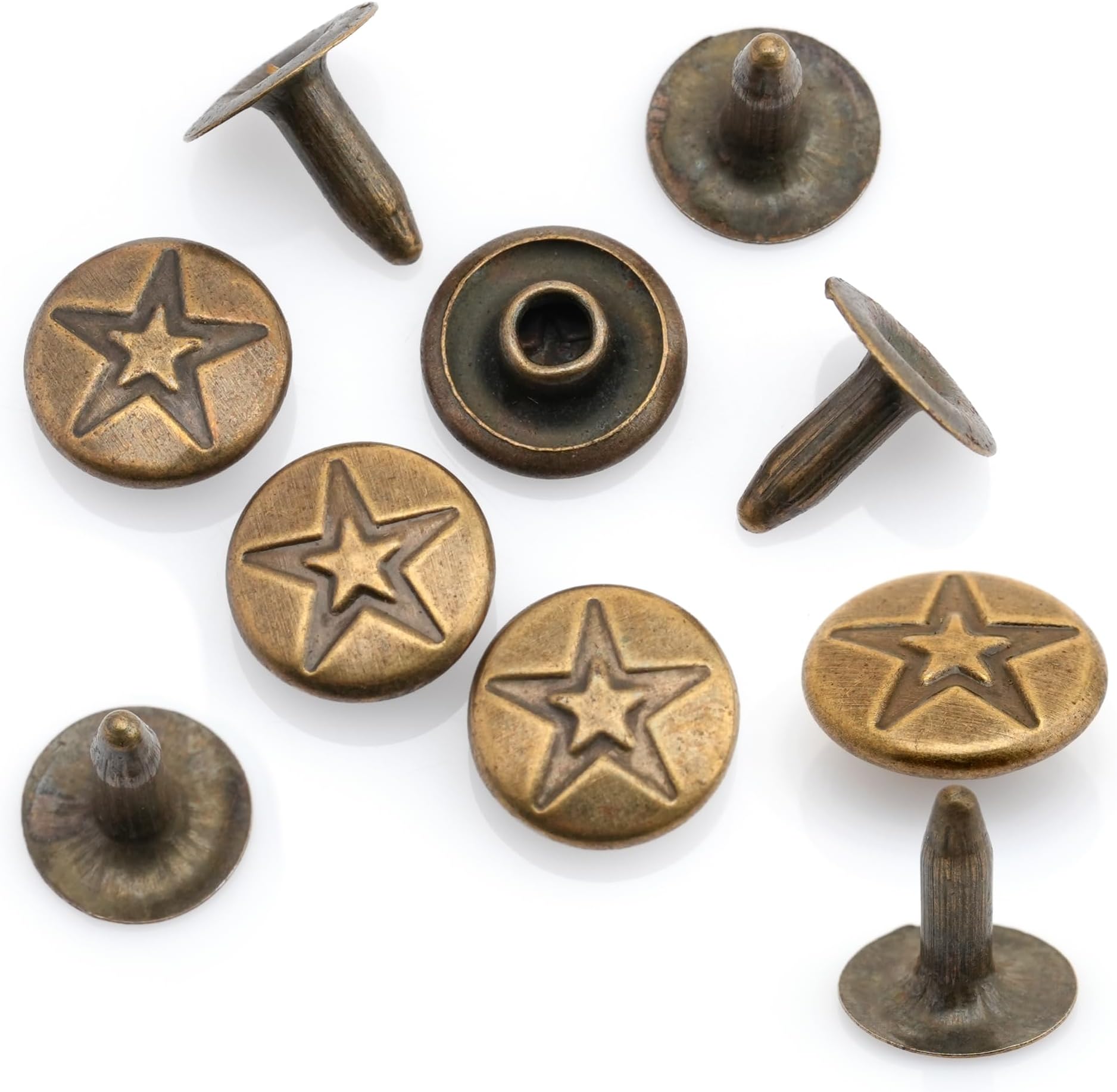 CRAFTMEMORE 3/8" Fancy Leather Rivets Round Rapid Rivet Studs for Bags Belts Bracelets Decoration (50 Pieces, Antique Brass Star)