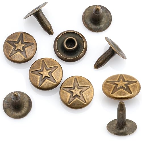 CRAFTMEMORE 3/8" Fancy Leather Rivets Round Rapid Rivet Studs for Bags Belts Bracelets Decoration (50 Pieces, Antique Brass Star)