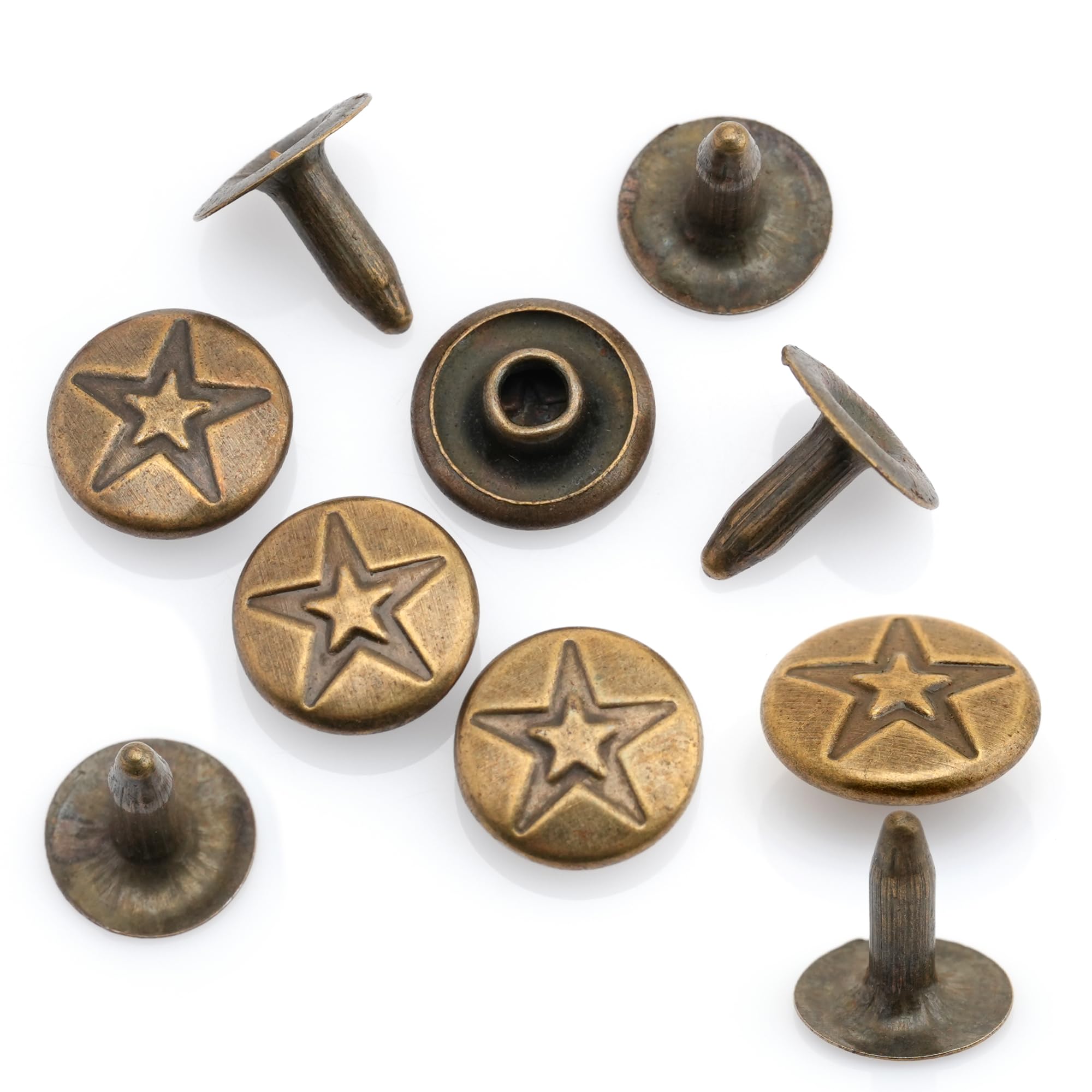 CRAFTMEMORE 3/8" Fancy Leather Rivets Round Rapid Rivet Studs for Bags Belts Bracelets Decoration (50 Pieces, Antique Brass Star)