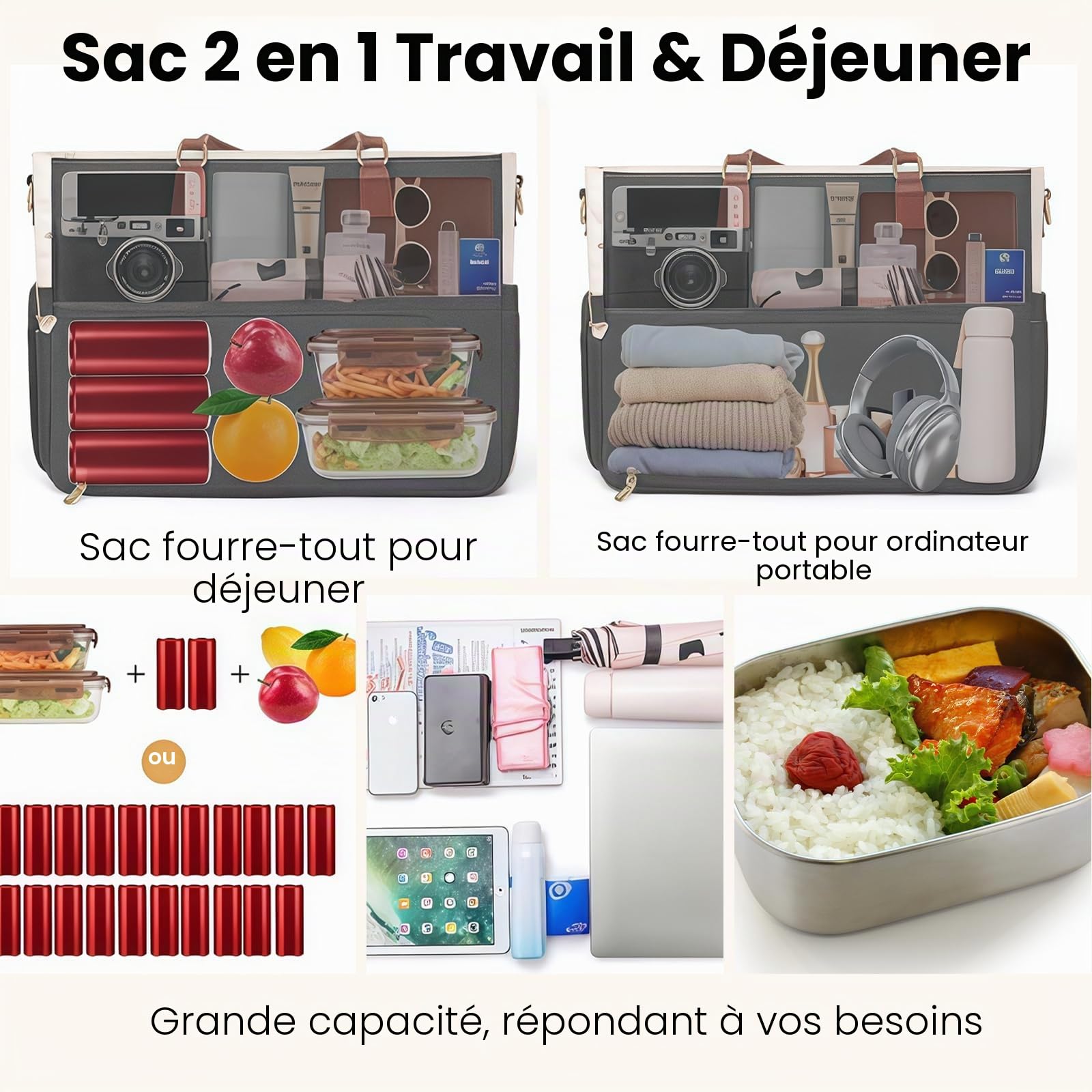 Sac Isotherme, Cabas pour Femmes avec Compartiment Repas isolé, Sac à Lunch pour Le Travail, Sac pour Ordinateur Portable 15,6 Pouces avec Porte-gobelet pour Enseignants Bureau collège