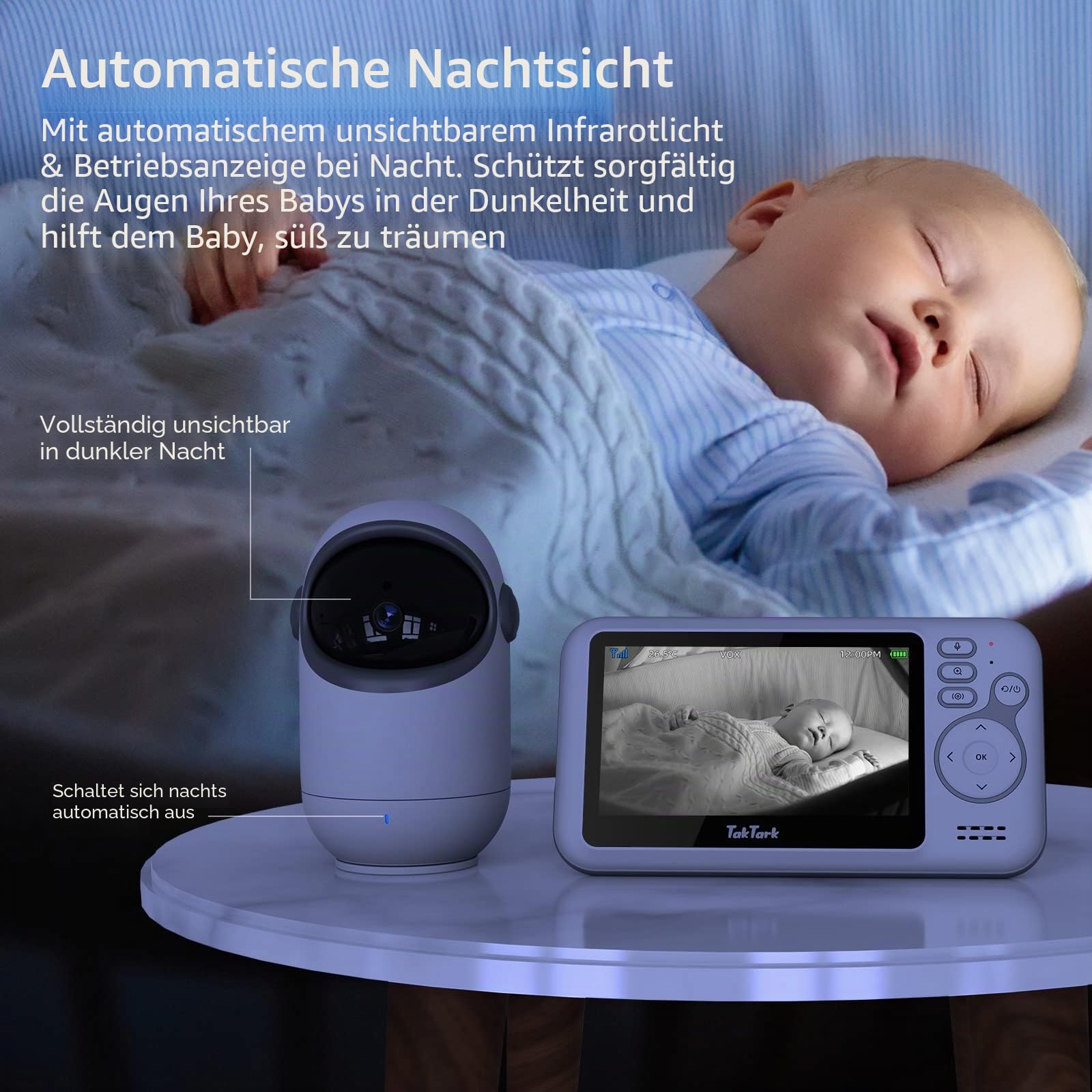 TakTark Kamera für 5 Zoll Babyphone Modell 2024 (Zur Verwendung Muss Eine Babyphone-Bildschirmeinheit Angeschlossen Werden, Im Paket Ist Kein Babyphone-Display Enthalten)
