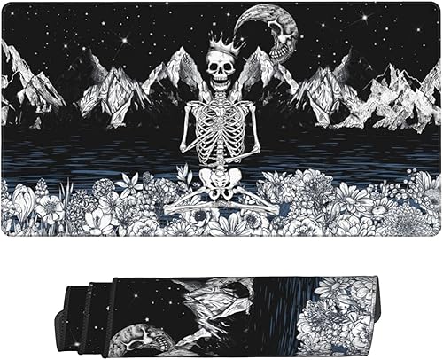 Miniatura 8 de Alfombrilla de mouse larga y extendida XL con calavera gótica en blanco y negro, alfombrilla de escritorio grande con bordes cosidos, 29.5 x 15.8
