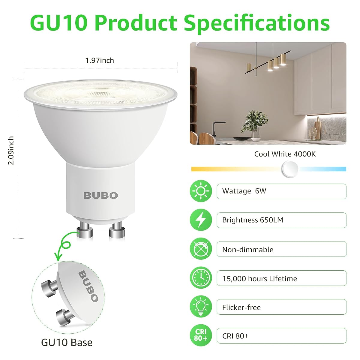 BUBO GU10 LED Bulb 6W Equivalent 4000K Cool White 650 Lumens MR16 Replacement 6