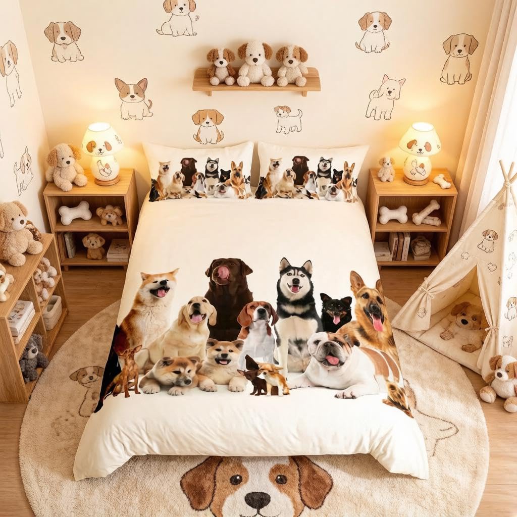 Homemissing Boys Multicoloured 4 Dogs Duvet Cover Set,Cute Pet Bedding & Linen,White Background Bedding Set,Soft Microfiber Quilt Cover For Kids Double Size