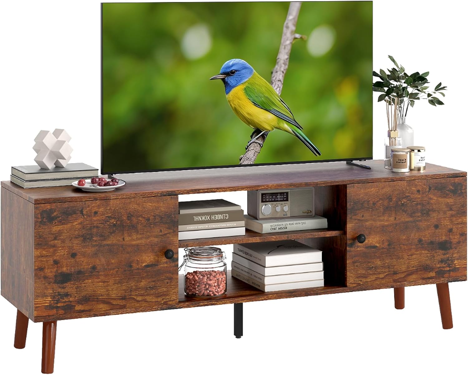 TV Stand for 55/60 Inch TV, Entertainment Center with Two Storage Cabinets and Adjustable Shelf, Modern TV Console Table Media Cabinet for Living Room, Bedroom, Brown