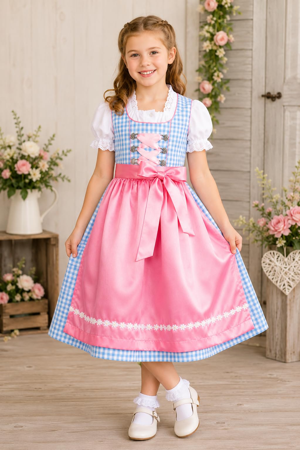 Ramona Lippert® Dziecięcy Dirndl Mia - niebieski różowy z bluzką - tradycyjny dziecięcy Dirndl dla dziewczynek - rozm. 110/116-158/164