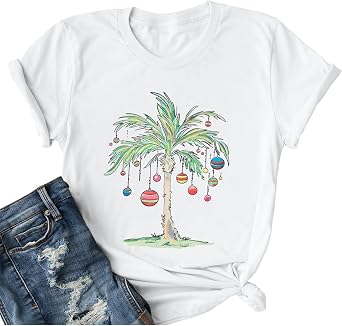 FAYALEQ Christmas Shirts Women Palm Tree T-Shirt Summer Beach Party Shirt