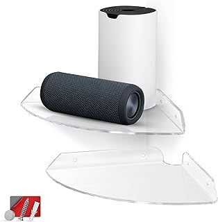 رف زاوية صغير عائم شامل من الاكريليك يثبت على الحائط لأجهزة مراقبة الأطفال والكاميرات ومكبرات الصوت والسونوس والديكور والنباتات والصور والمطبخ والحمام والراوتر وصندوق الكابلات والمزيد، 21 سم، قطعتين