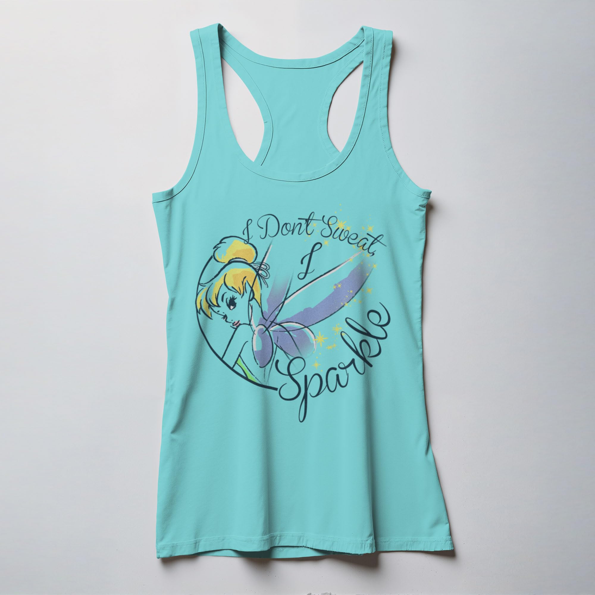 Disney Junior's Tinkerbell Racerback Tank Top for Women - I Don't Sweat, I Sparkle Slogan Fashion - Adventure Ready