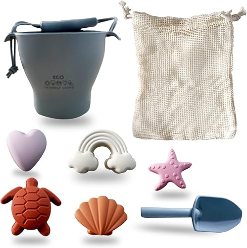 ECO Friendly Living - Juguetes de playa modernos de silicona para arena, piscina o baño, incluye bolsa de algodón orgánico, corazón, arcoíris,
