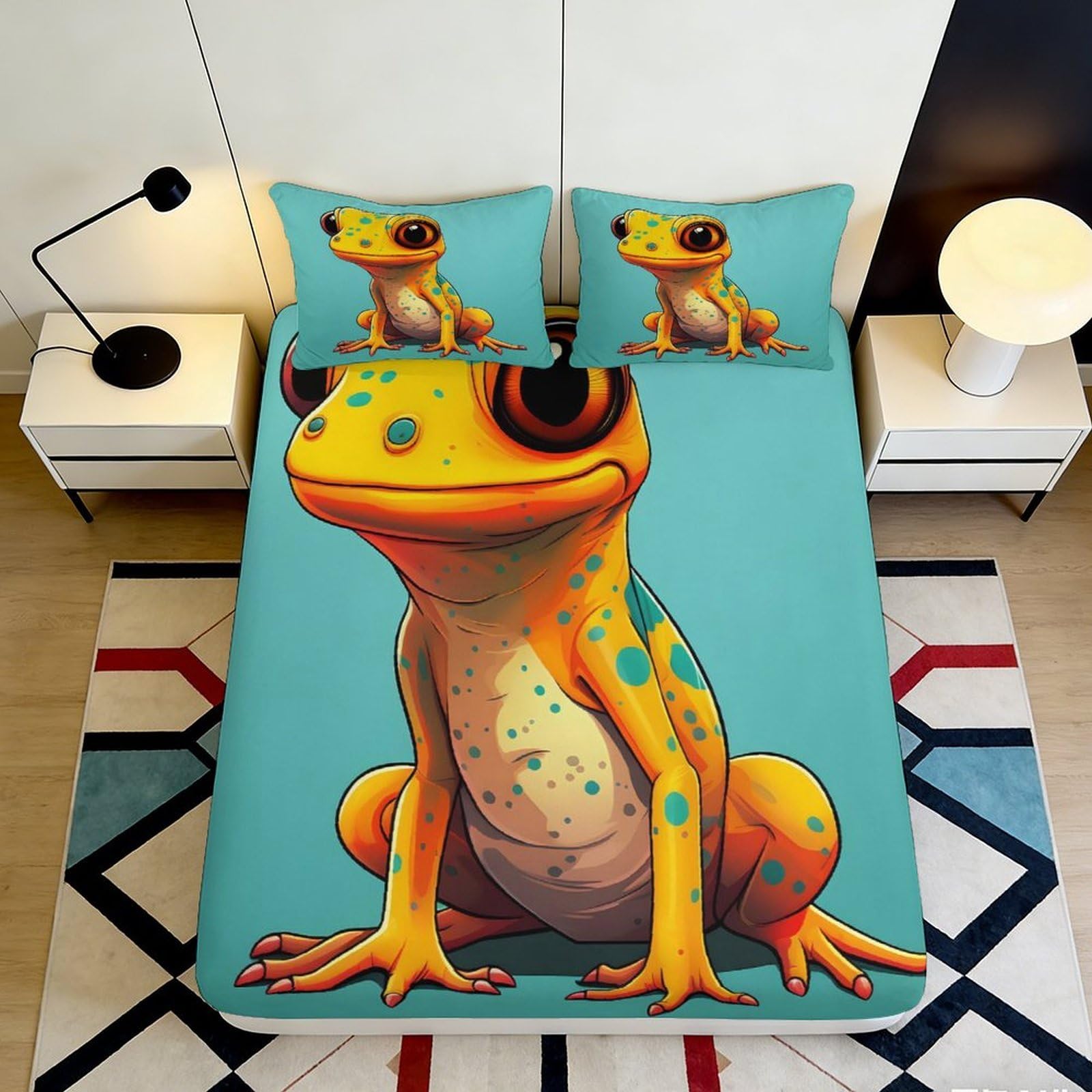 3D Printed Vibrant Frog Pattern Fitted Sheet Microfiber Soft Anti-Slip Mattress Cover for Bedroom Dorm Youth Decor 90x200x25cm