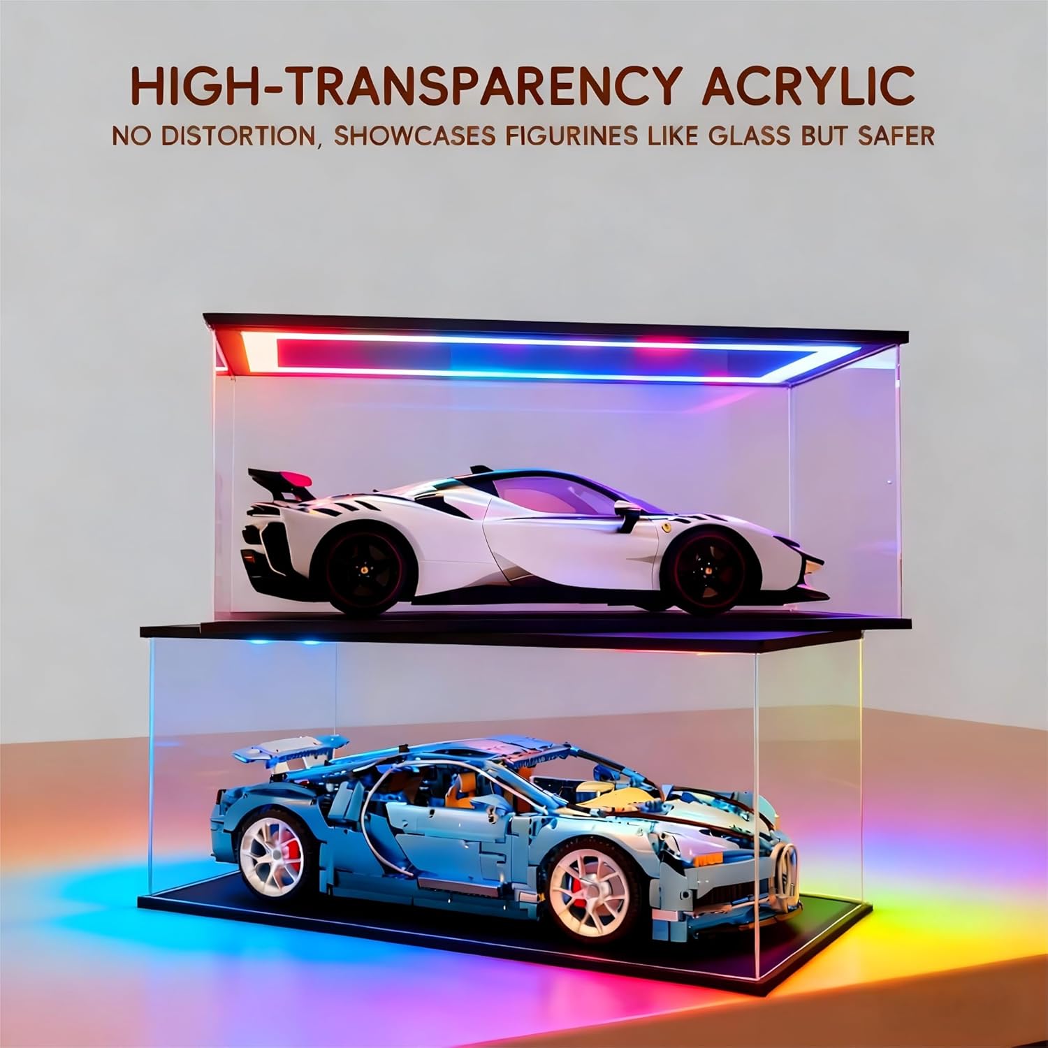 Clear Acrylic Display Case with RGB LED Lights,Storage Box Showcase Dustproof Organizer Box for 1/8 Scale,Model Cars Lego Technic F1,42141,42171 Collectibles( 27.6x11.8x7.9inch/70x30x20 cm)