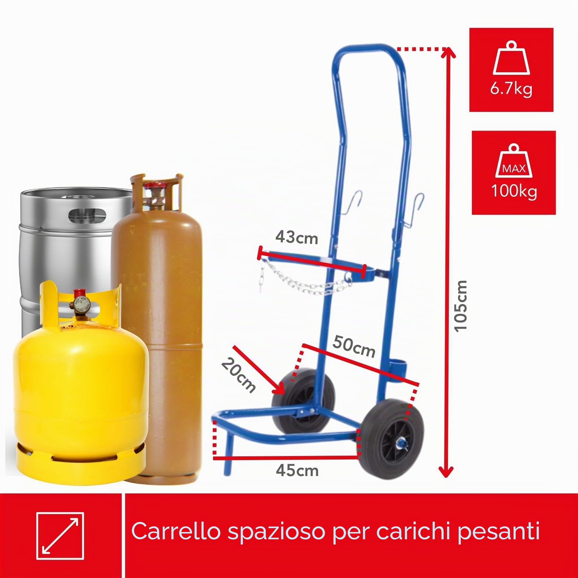 Toolland Carrello per bombole di gas blu portata 100 kg catena di sicurezza regolabile telaio in acciaio inox grandi ruote da 20 cm adatto per bombole di propano butano fusti di birra uso interno ed