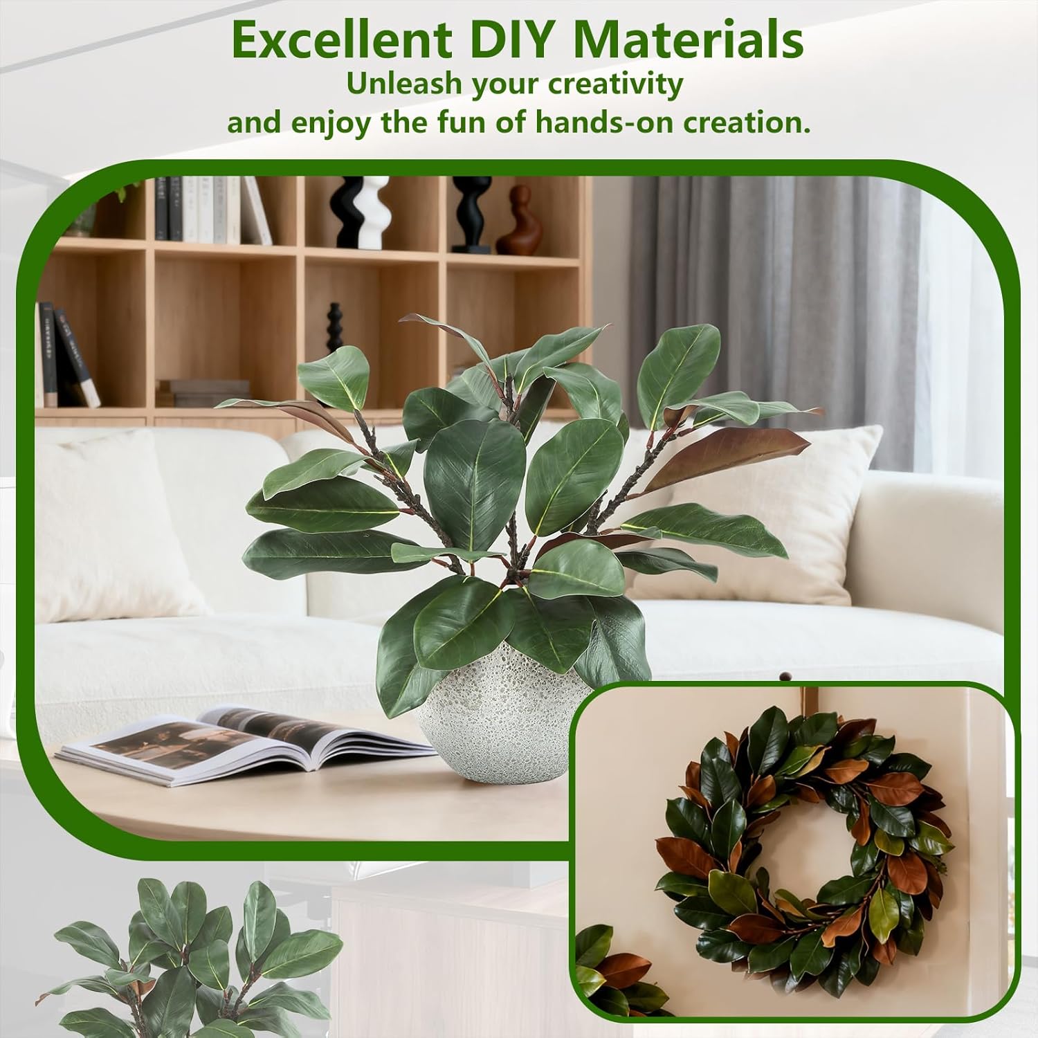 LFF 5Pcs Real Touch Faux Magnolia Stems, 22“ Fake Magnolia Greenery, 3D Artificial Magnolia Leaves Branches for Vase Fillers, Indoor Outdoor Home Office Table Decoration