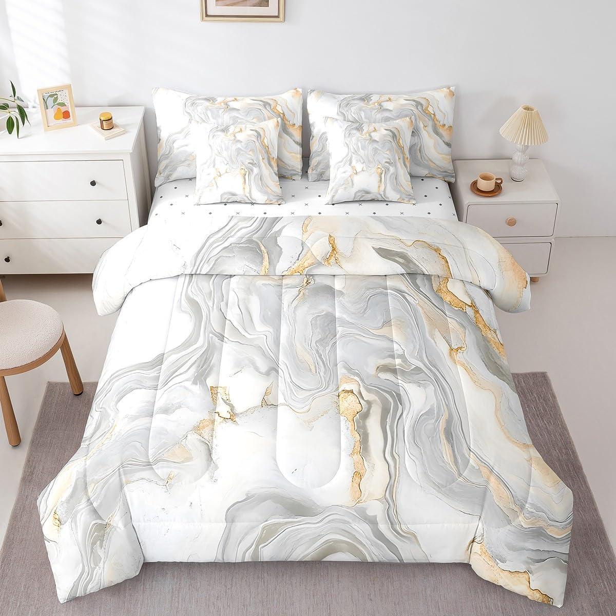 Feelyou Green Marble Comforter Set Queen Size Geometric Waves Bed in A Bag Set Abstract Art Marble Texture Bedding Sets for All Season Quilted Comforter, Sheets Set,Pillowcases, Pillow Covers