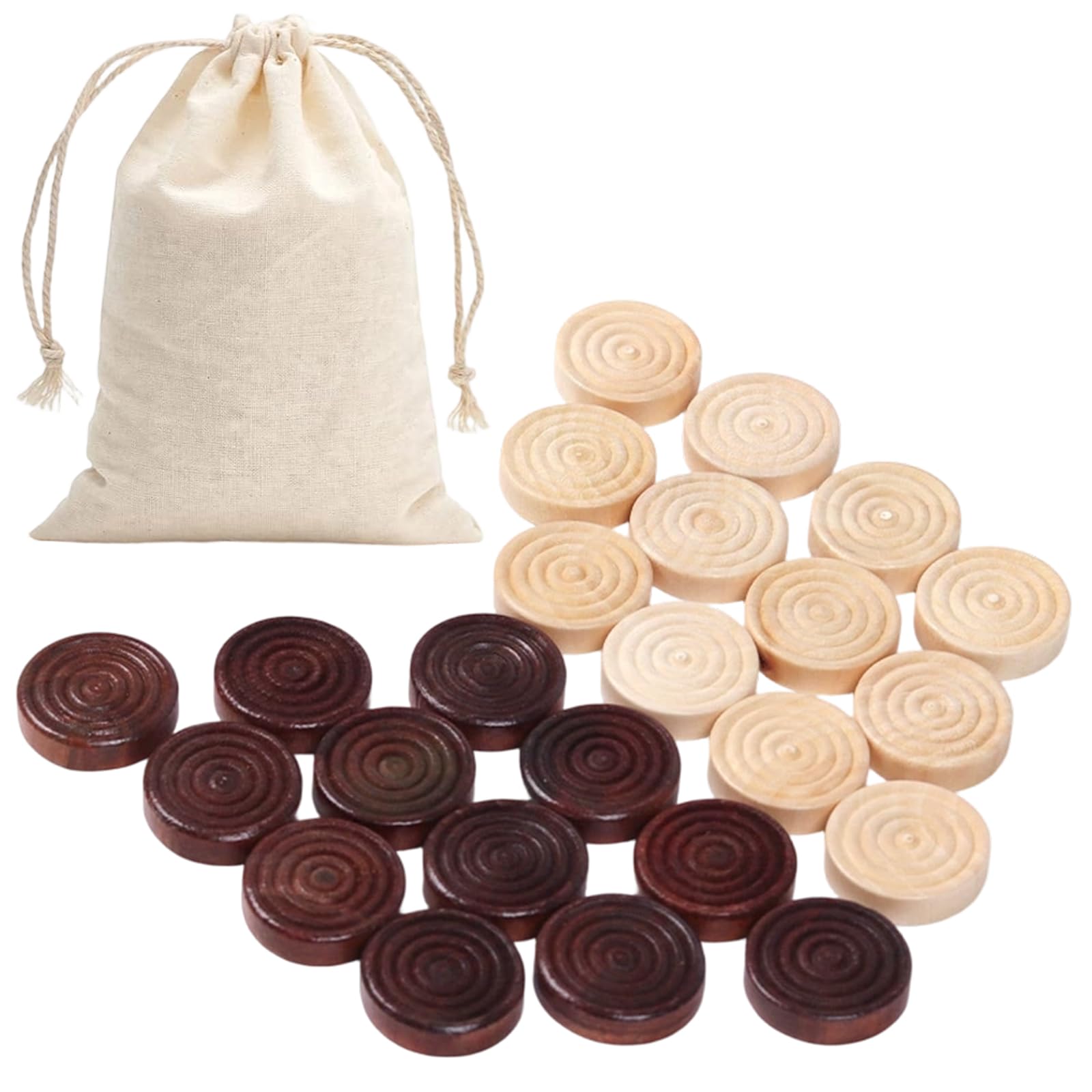 24 Pcs Draughts Pieces with Drawstring, Natural Wooden Draught Pieces, Stackable Wooden Checkers Piece for Board Game Learning Camping (Brown, Beige)