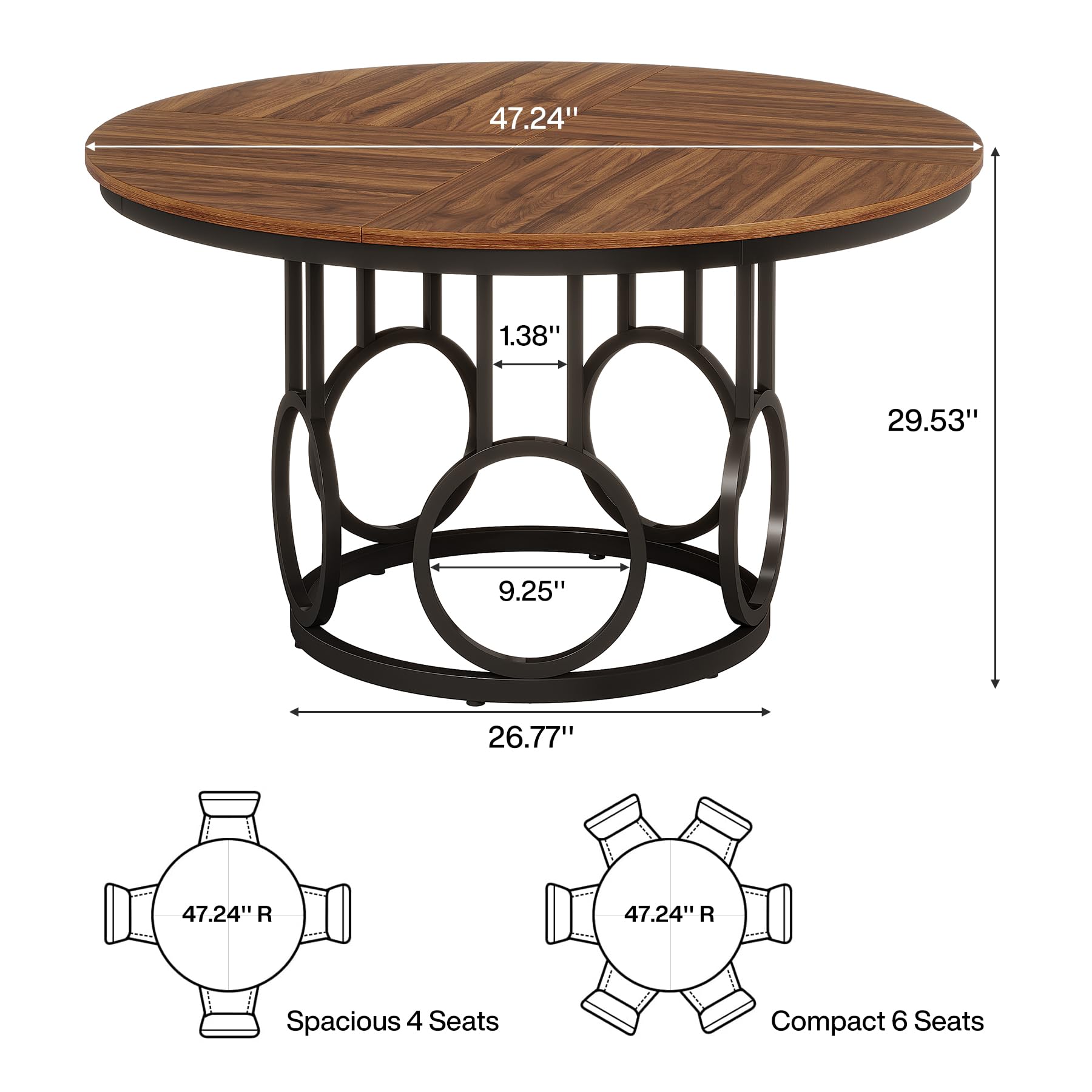 Tribesigns Tavolo da Pranzo Rotondo 119 cm in Legno con Base in Metallo per 4-6 Persone, per Sala, Cucina, Soggiorno