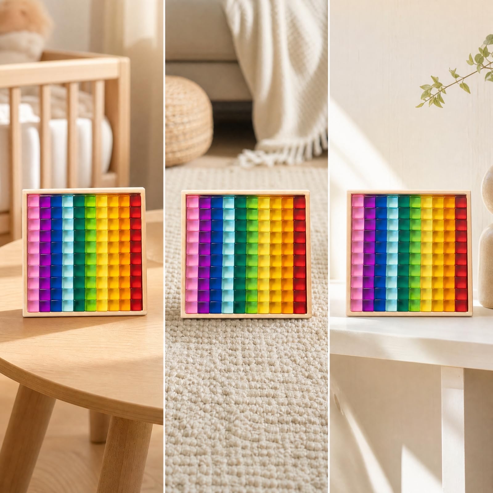100 Pezzi Blocchi di Costru Resina Tras Cubetti Lisci Multicolori con Tray in Legno per Giocattoli per Costruire Modelli E Sequenze