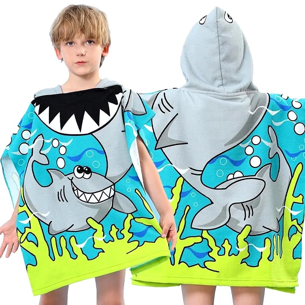 LKNBIF Hooded Towels for Kids, Kids Blue Shark Hooded Bath Towel, Quick Dry Soft Microfibre Beach Poncho, Bath Towel Poncho for Swim Pool Swimming Holiday, 60 * 60CM