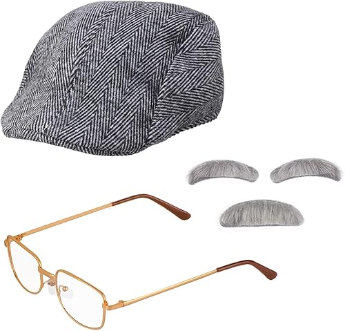 Beelittle - Disfraz de anciano, juego de accesorios de abuelo boina lentes bigote cejas.