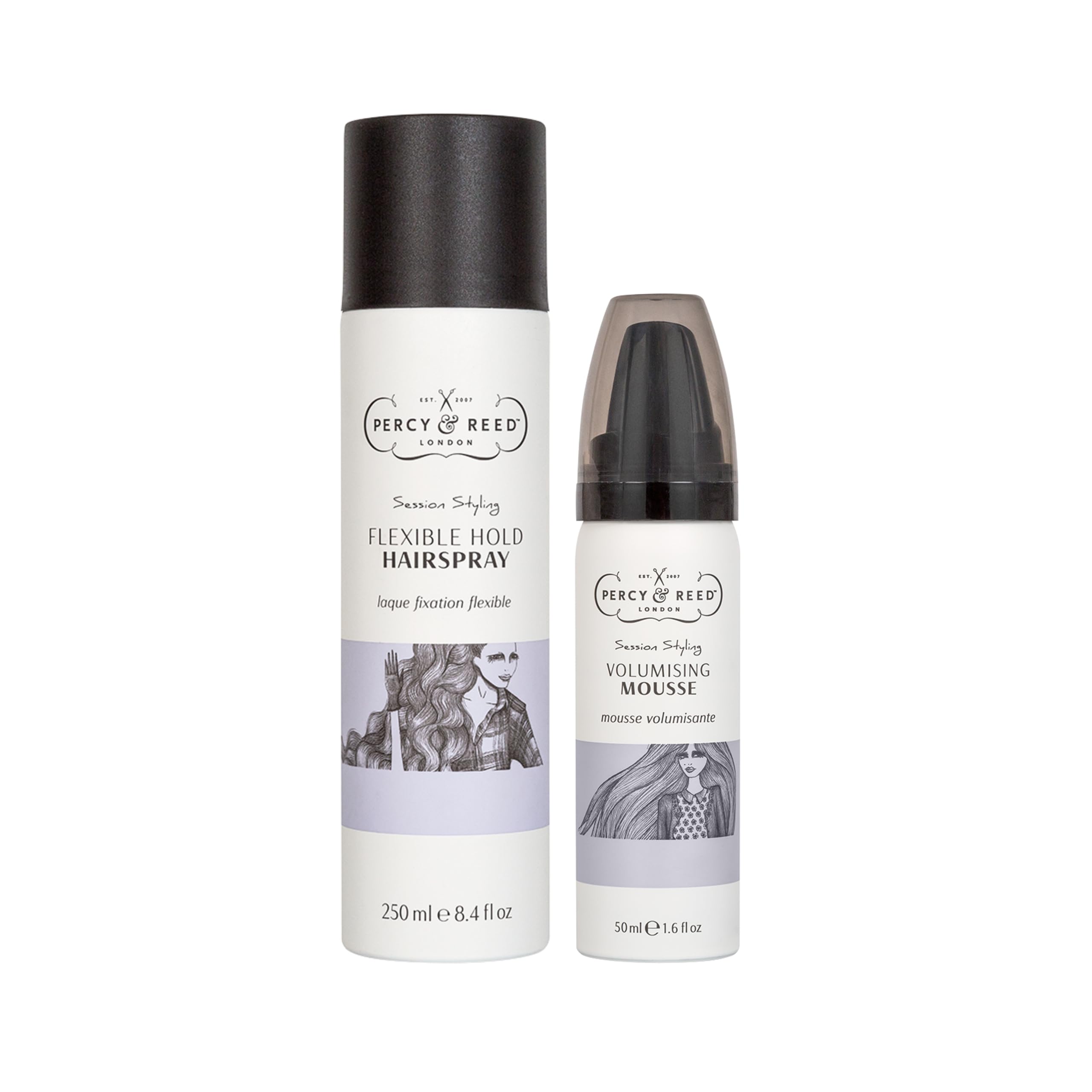 Percy & Reed Flexible Hold Hairspray 250ml and Volumising Mousse 50ml Bundle, Hair Mousse for Volume Fine Hair, Full Bodied Lift, Heat UV Protection, Humidity Defence, Brushable Finish