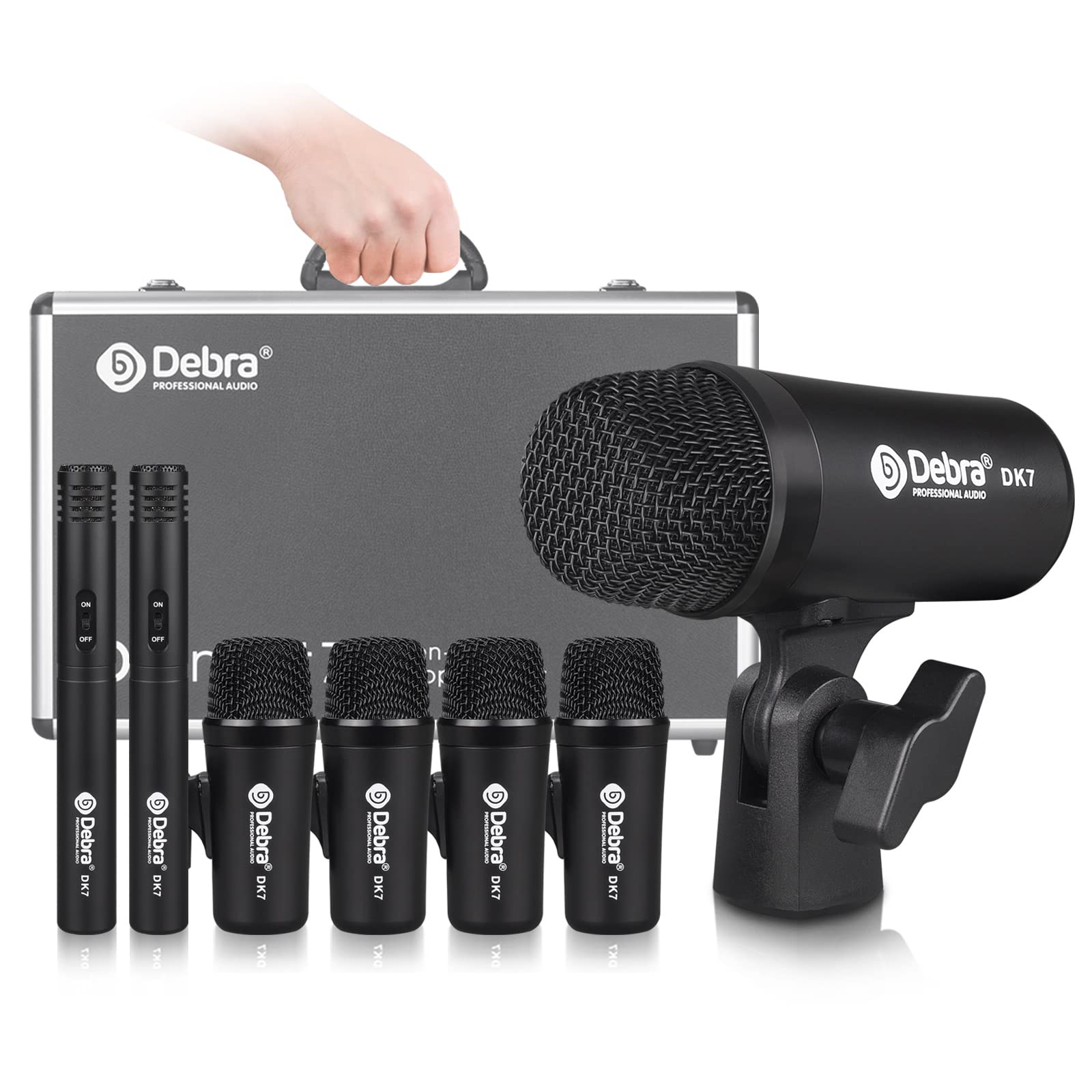 D Debra DK7 Pro - Set di 7 microfoni cablati, per batteristi, con microfono, clip per microfono con opzioni per Kick Drum, Snare, Rack/Floor Toms, Congas e Cymbals
