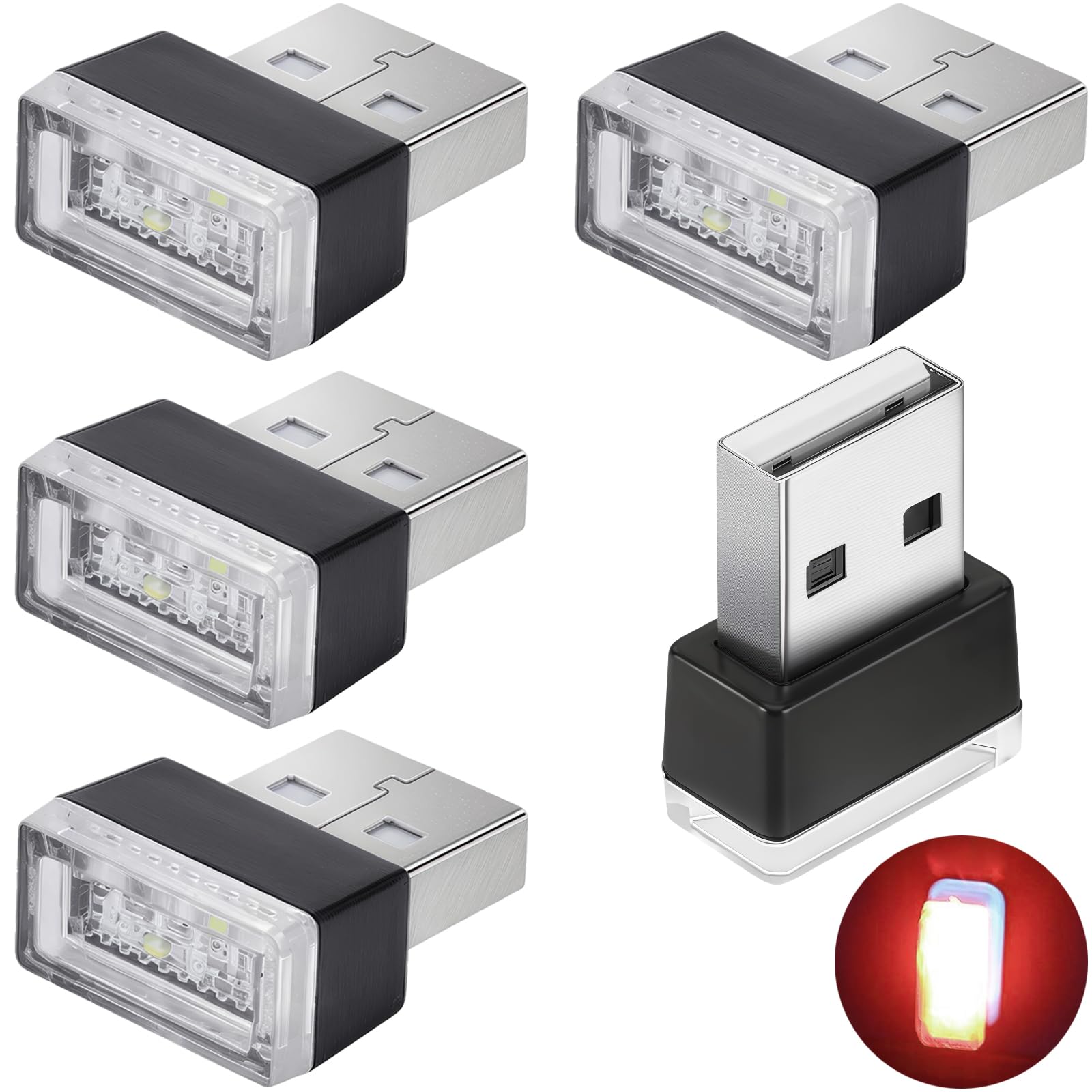 Światła USB do atmosfery, oświetlenie wewnętrzne, światła do atmosfery samochodowej, LED światło atmosferyczne (5 sztuk czerwonych)