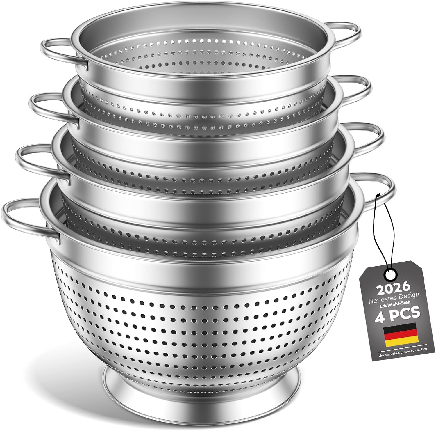 Stainless Steel Kitchen Strainer Set of 3, 20/24/26cm, Metal Kitchen Strainer with Handle, Fine Mesh Strainer for Washing Pasta, Vegetables, Fruits and Rice (4)