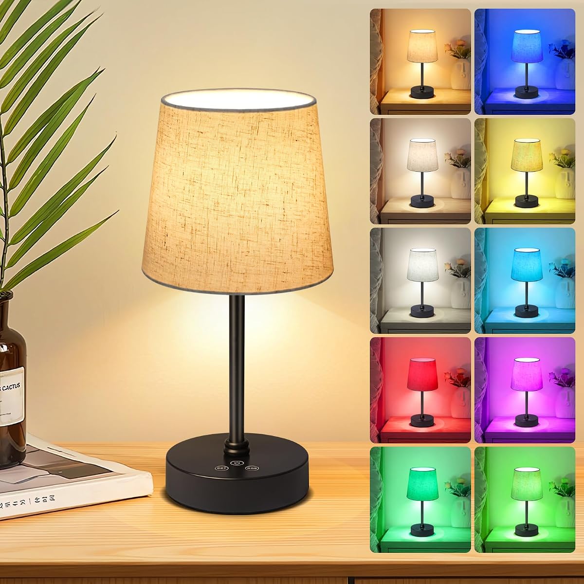 Wowag Lámpara de mesa inalámbrica pequeña, lámpara de escritorio con batería recargable de 5000 mAh, 3 colores y 7 RGB regulable continuamente, pantalla de tela táctil portátil, luz nocturna LED para dormitorio, restaurante, hogar (lino)