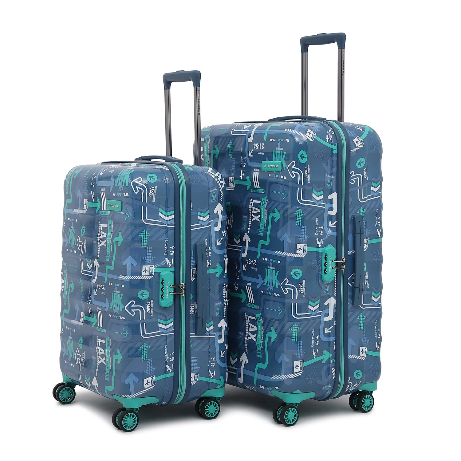 uppercase Jfk Inline Trolley Bag Set Of 2 (M+L)|Hardshellsided Polycarbonate Printed Luggage|Combination Lock|Check-In Luggage|8 Wheel Trolley Bag|Suitcase For Unisex| (Denim Blue),H-75.5 cms,Small