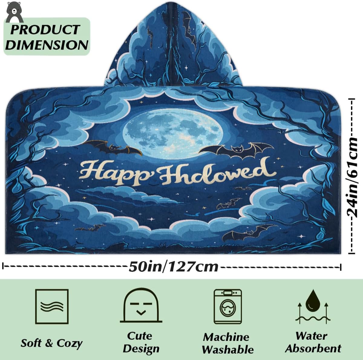 Pardick Halloween Boo Kids Bath Towel Beach Towel with Hood Pool Cover Up for Girls Boys Soft Absorbent Hooded Bath Towel Toddler Towels for Beach, Pool