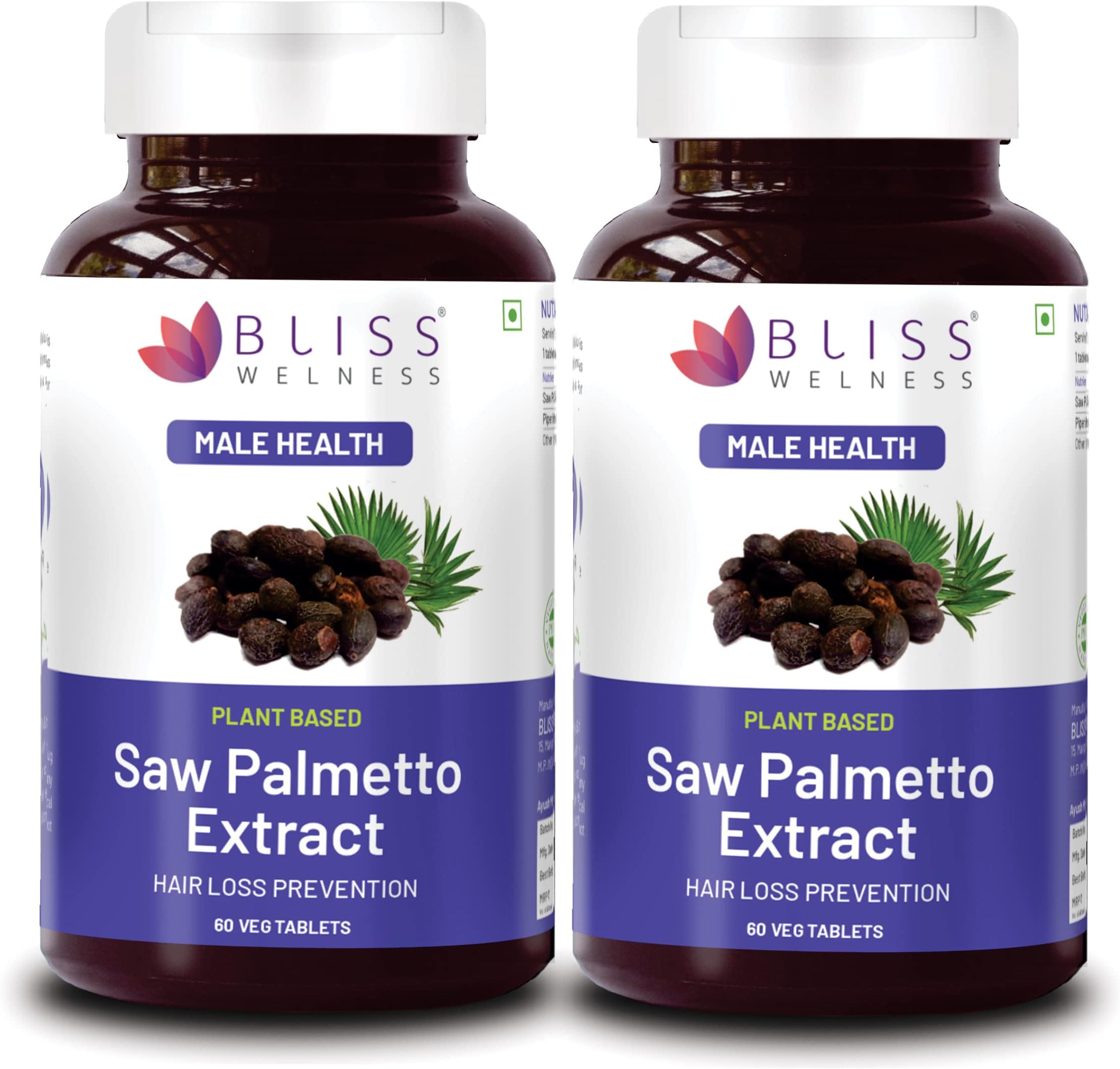 Bliss Welness Saw Palmetto Extract 800 MG | Hair Growth Prostate Health Support Urinary Tract Function Prevent Hair Fall Ayurvedic DHT Blocker Health Supplement - 120 Tablets (2 Month Pack)