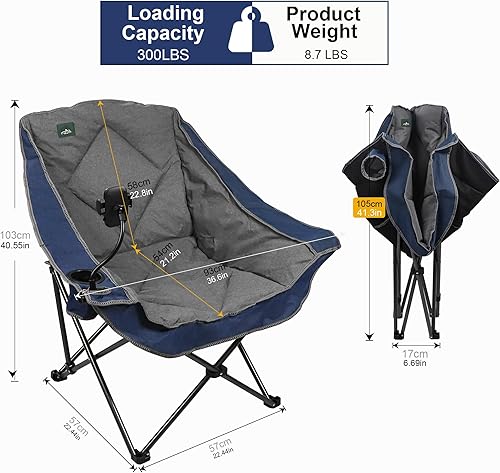 Miniatura 7 de Silla de camping plegable de gran tamaño, silla de césped acolchada para exteriores con soporte para tazas, bolsa de transporte para playa,