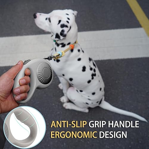 Miniatura 6 de JSXD Correa retráctil de 360 sin enredos para perro con freno con una sola mano, pausa, bloqueo, cinta de nailon resistente de 10 pies para